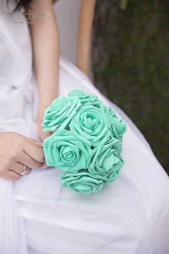 30PCS Mint Green Artificial Roses with Stems, Real Touch Foam Flowers