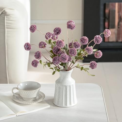 Laelfe Artificial Kiku Flower - 5 Pcs Fake Pompon Mums Silk Small Chrysanthemum Faux Ball Fall Flower Stem Decor for Autumn Wedding Filler DIY Bouquet Centerpieces Arrangements Shower (Grey Purple)