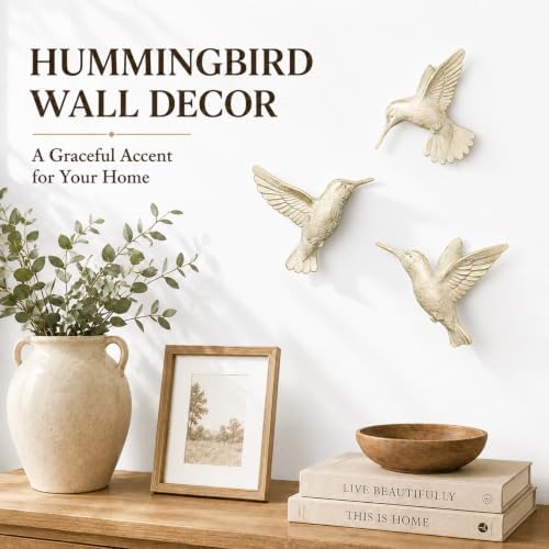 GUSFREUD 3D Hummingbird Wall Decor Set - Gold Resin Bird Wall Decor for Living Room, Bedroom and Gallery Walls - Ivory