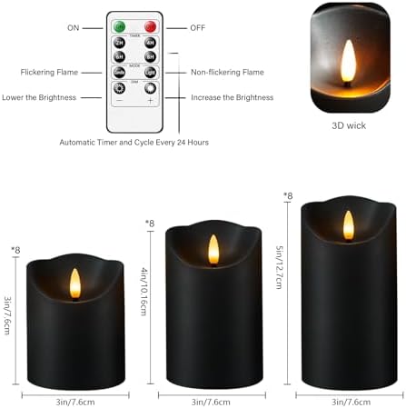 kakoya Flameless LED Candles Battery Operated with Remote and Timer,Flickering Electric Fake Plastic Pillar Candles Set of 24(D3 x H 3" 4" 5") Black