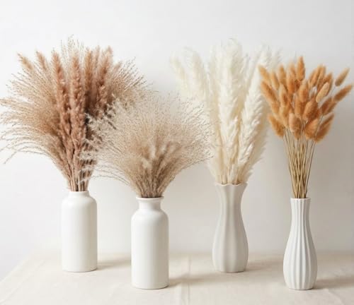 130 Stems 17" Dried Pampas Grass, Boho Table Decor Natural Reed Phragmites Grass + Brown & White Pampas Grass + Bunny Tails Flowers Bouquet for Wedding Floral Arrangements Farmhouse Home Rustic Wall