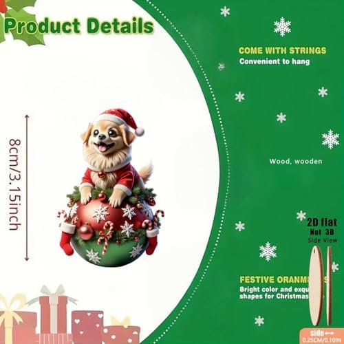 12 Pcs Cute Christmas Ornaments Animal Kitten Puppy Designs Xmas Tree Decoration for Holiday DIY Crafts Mini Christmas Hanging Ornaments 2D Wooden Pendant for Home Indoor Party Gift