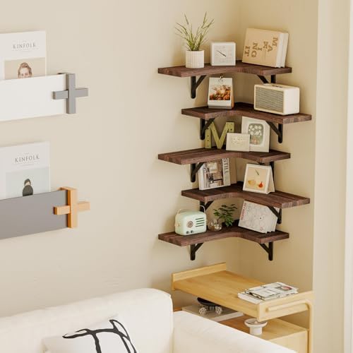 Fixwal Conner Shelves Wall Mounted for Decor, Walnut Brown Set of 5