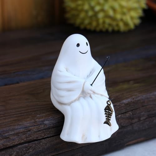 Fishing Ghost Statue Funny Halloween Decorations, 3.35 Inch Cute Sitting Ghost Figurine Shelf Sitter Resin Sculpture for Outdoor Garden Yard Lawn Pond Waterfalls Pool Ornaments