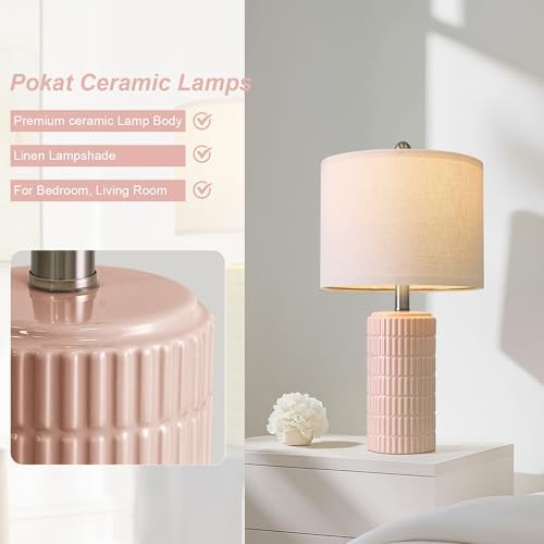 PoKat 20.75" Pink Ceramic Table Lamps Set of 2, Small Modern Bedroom Lamps for Girls Room, Bedside Lamps for Night