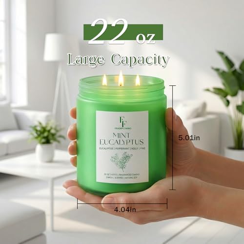 Mint Eucalyptus Large Scented Candle, 3-Wick 22oz Long Lasting Scented Candle, Natural Soy Wax Aromatherapy Candle for