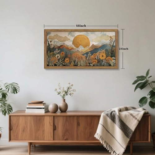 Framed Boho Landscape Large Wall Art, Abstract Sun Mountain Canvas Wall Decor Painting, Modern Floral Botanical
