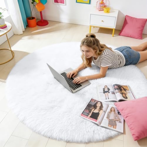 OLANLY White Round Rugs for Bedroom - Machine Washable, 4 ft Circle Area Rugs for Living Room, Soft and Fluffy Shaggy