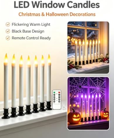Christmas Window Candles, 10in Flameless Taper, Black, 6pcs