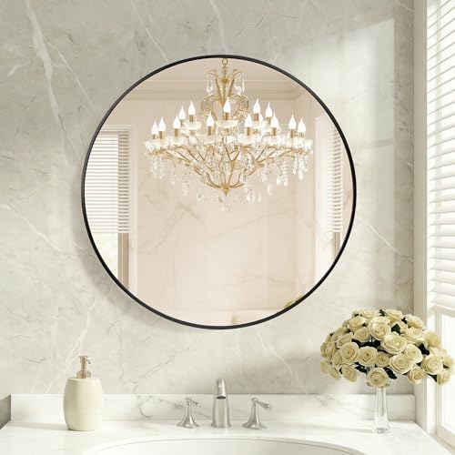 24 Inch Black Round Bathroom Wall Mirror, Round Mirrors for Wall Decor, Circle Mirror for with HD Shatter-Proof Glass