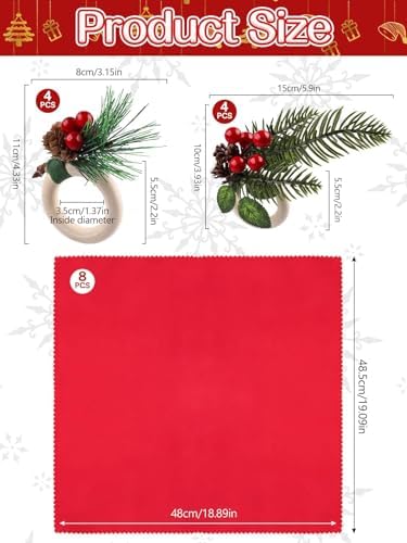 16 PCS Christmas Napkins and Rings Set, Lanstics 8PCS Xmas Napkin Buckles and 8PCS Red Washable Christmas Napkins Cloth Red Berries Napkin Holders for Christmas Holiday Dinner Party Table Decoration