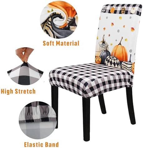 Halloween Chair Covers Set of 6, Fall Pumpkin Black/White Buffalo Plaid Chairs Slipcover for Dining Room, Removable Washable Breathable Cover in the Kitchen Restaurant Holiday Decor