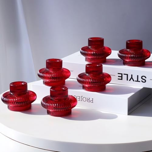 VOHO 12pcs Red Glass Taper Candle Holders for Table Centerpiece Wedding