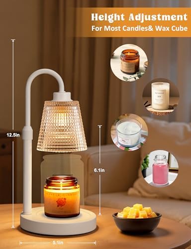 White Candle Warmer Lamp with Timer, Dimmable Candle Warmer for Jar Candles, Height Adjustable Wax Melts Warmer