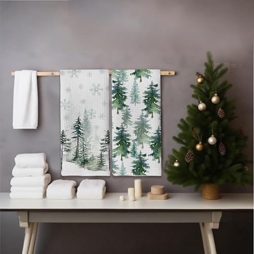 Winter Decor Green Tree Snow Christmas Kitchen Towels,16x24 Inches Set of 2,Tea Towels Dish Towels Hand Towels for Home Kitchen Farmhouse Bathroom Decor.(028)