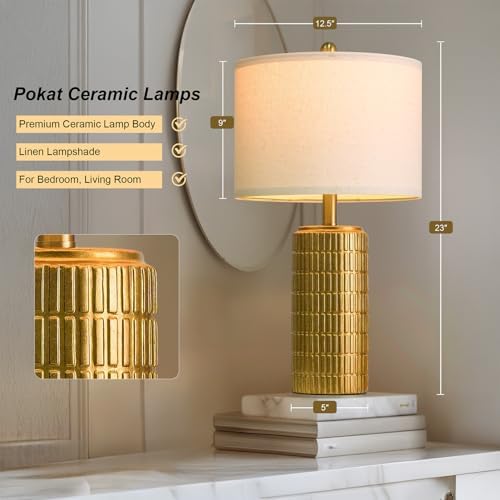 PoKat 23" Brass Gold Ceramic Table Lamps for Living Room, Retro Warm Gold Lamps for Night Stands, Vintage Bronze