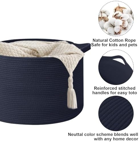 90L Extra Large Blanket Basket,Woven Rope Laundry Basket-Dark Blue