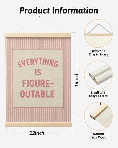 FGFK Preppy Pink Everything Is Figureoutable Inspirational Wall Art Poster Hanger Frame, Girly Pink Striped Positive