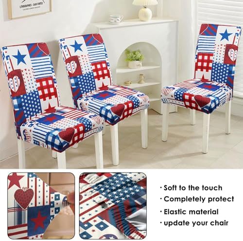 Dining Room Independence Day Chair Covers Set of 6,4th of July Plaid Stitching Dining Chair Cover,Elastic Removable and Washable Dining Chair Cover,Suitable for 4th of July Kitchen Dining Room Decor