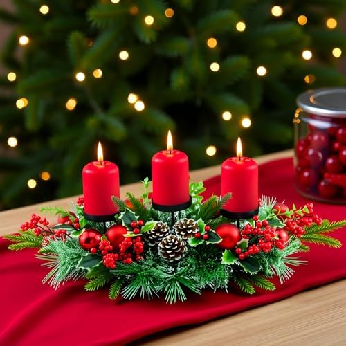 YULETIME 28" Christmas Triple Candelabrum, Red Baubles, Berries, Pine Cones