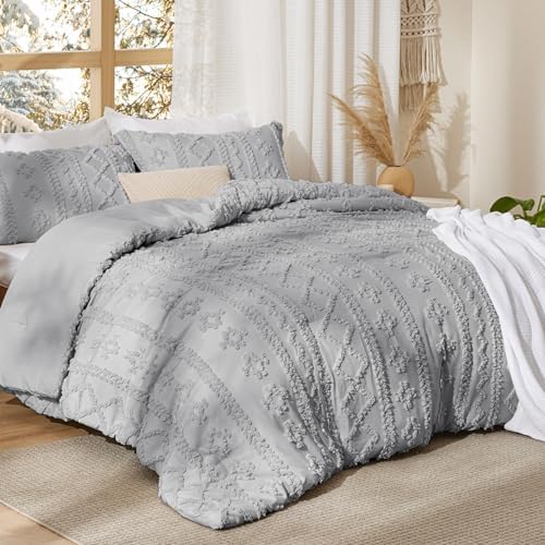 Bedsure Tufted Boho Comforter Set Queen Size - Light Grey Boho Bed Set, GentleSoft™ 3 Pieces Farmhouse-Style Embroidery