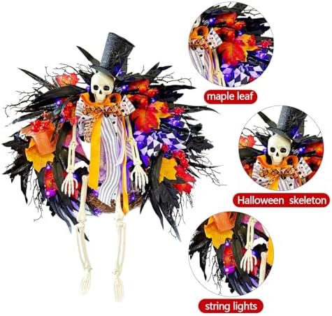 HipTree 28 Inch Halloween Skeleton Wreath for Front Door with Lights