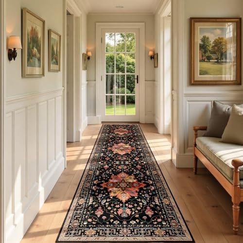 RELEANY Washable Area Rug, Runner 2'x7', Black/Colorful