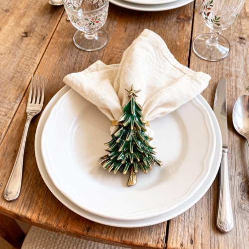 Christmas Tree Napkin Rings Set of 8, Gold Alloy Napkin Holders with Star Topper, Green Enamel Holiday Table Decor for Christmas Dinner