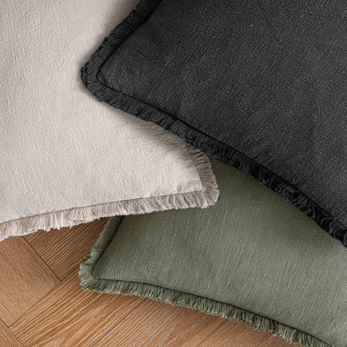 MIULEE Boho Linen Fringe Decorative Throw Pillow Covers Black 18x18