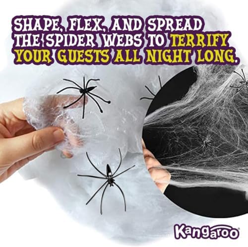 Kangaroo 800 Sq Ft Fake Spider webs with 4 Fake Spiders for Halloween Decor