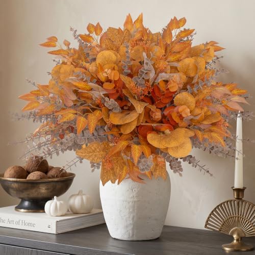 lovemoon 260 Pcs Fall Mixed Greenery Artificial Eucalyptus Stems, Orange