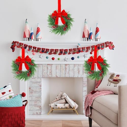 YoleShy 8 Pcs Small Christmas Wreath 12" Mini Wreaths for Cabinets, Small Wreath with Berry & Red Velvet Bow Ribbon, Window Wreaths Christmas Cabinet Wreaths for Kitchen Front Door Chair Wall