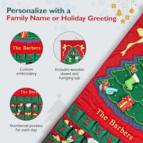 Personalized Christmas Green Tree Advent Calendar by Pockets of Learning | Family Festive Holiday Décor, Seasonal Fabric Wall Hanging | Cloth Christmas Countdown w/ 24 Stuffed Cloth Ornaments
