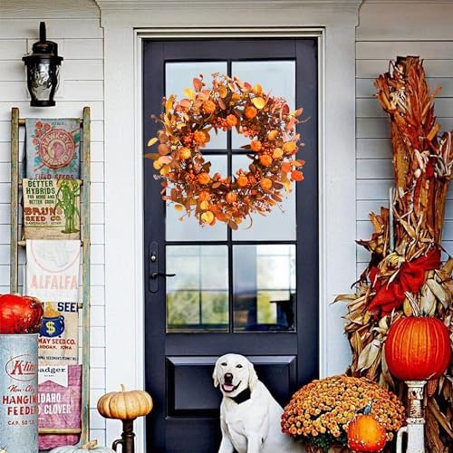 20 Inch Fall Wreath Artificial Pumpkin Wreaths for Front Door Autumn Door Wreath with Orange Eucalyptus Leaves Berries for Thanksgiving Day Harvest Festival Indoor Outdoor Celebration
