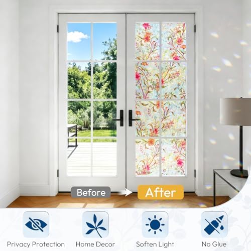 rabbitgoo Stained Glass Window Privacy Film, Cosmos Floral, 23.6" x 118.1"