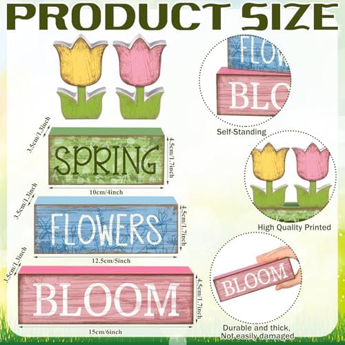 Moucuny 4 Pcs Spring Wooden Block Signs Farmhouse Table Tiered Tray Decor
