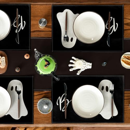 Artoid Mode Boo Ghost Halloween Placemats Set of 6, 12x18 Inch Seasonal Black Holiday Table Mats for Party Kitchen Dining Decoration