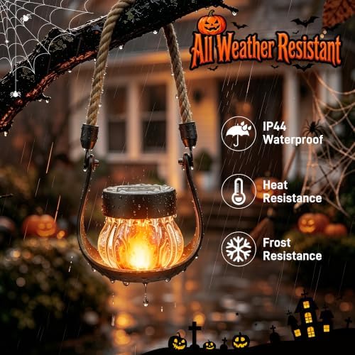 Solar Lantern with Flickering Flame, 4 Pack Solar Halloween Lights