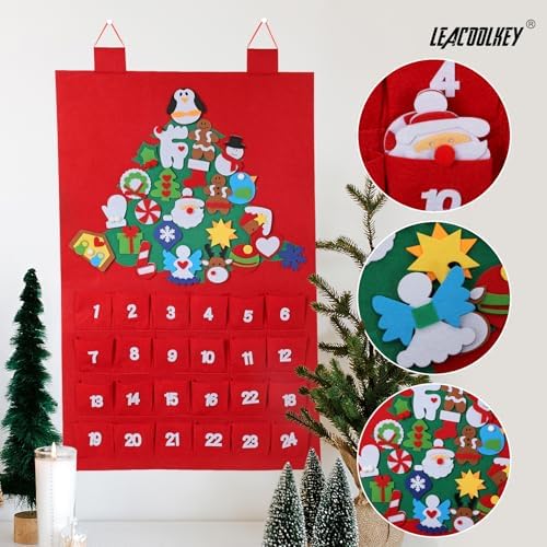 Christmas DIY Advent Calendar Felt Advent Calendar with Pockets Hanging Reusable Countdown Calendar for Kids Christmas Decorations Gifts (Red +Green Christmas tree)