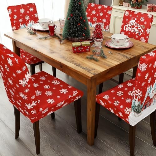Christmas Chair Covers Set of 4 Snowman Red Truck Dining Chair Seat Cover Stretch Removable Xmas Chair Slipcover Protector for Xmas Dining Room Kitchen Home Decor