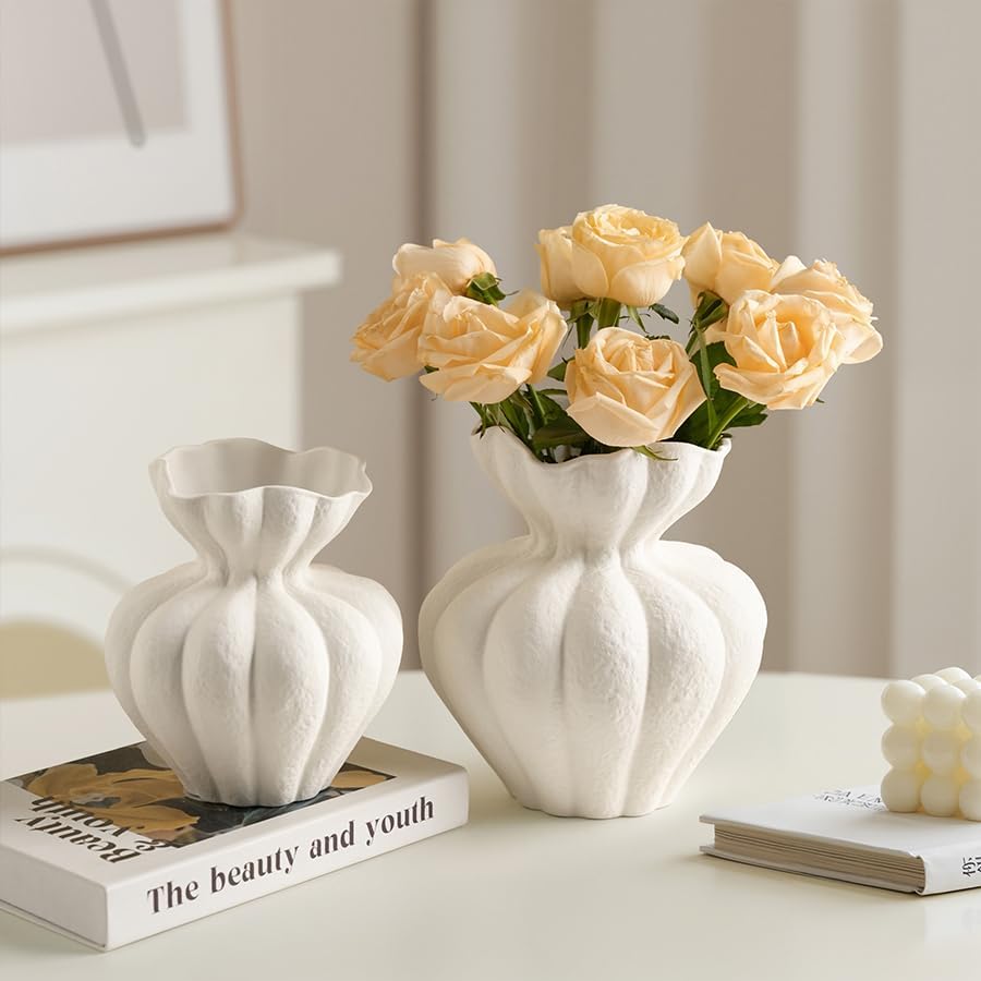 Ceramic Vase / Modern Boho Flower Vase / Large / White / 8.2 Inch