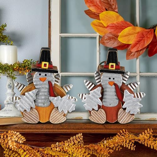 Zcaukya 2 Pack Thanksgiving Wooden Turkeys Decorations Indoor