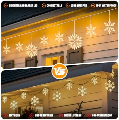 Minetom Snowflake Christmas String Lights with 9 Drops - 13ft 150 Mini Bulb Icicle Lights with Clips, Plug-in Connectable Hanging Lights for Front Porch House Tree Decor Holiday Décor