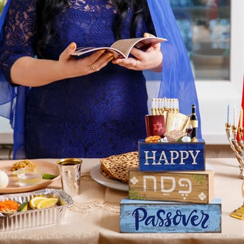 Lineshading 4 Pcs Wooden Passover Block Signs Farmhouse Tiered Tray Decor