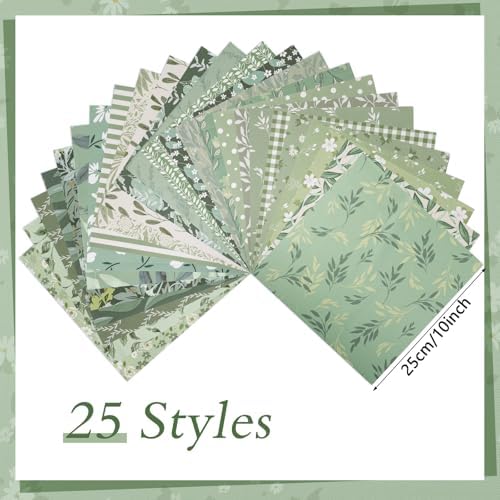 25 Pcs Sage Green Cotton Fabric Squares, 10 x 10 Inch, Precut