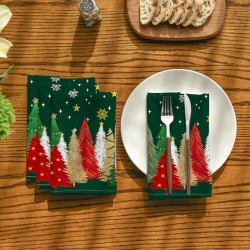 Horaldaily Christmas Cloth Napkins, Pine Tree Stars, Green, Set of 6