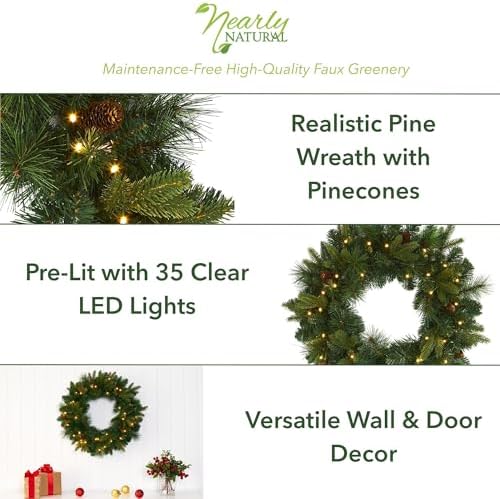 Nearly Natural 24 in Mixed Pine Artificial Christmas Wreath with LEDs