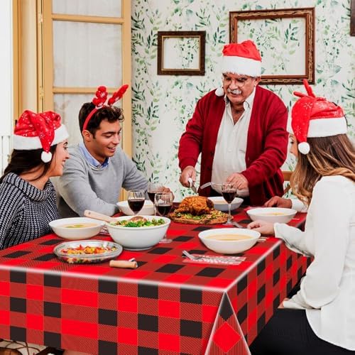 Gistome 3-Piece 54 x 108 Inch Buffalo Plaid Plastic Tablecloth - Red and Black Checkered Design, Disposable Rectangle Table Cover for Dining, Birthday, Christmas, Fall and Winter Themed Decorations
