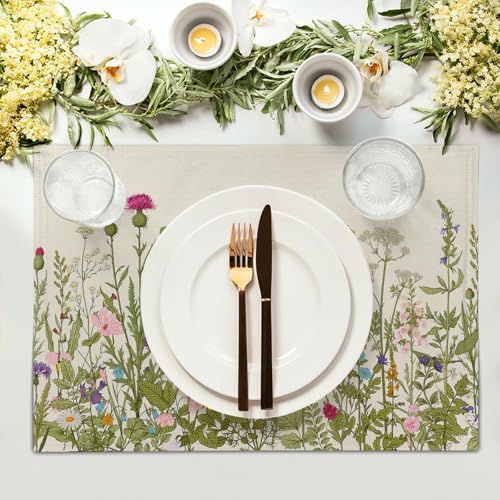 Spring Summer Floral Placemats Set of 6 18x12 Inch Antique Herbs and Wild Flowers Linen Place Mat Heat-Resistant Washable Wipeable Wildflower Table Mat for Party Kitchen Dining Home Decor