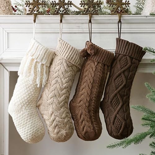 Farmhouse Knitted Personalised Christmas Stockings: 4 Pack 18 Inch Rustic Neutral Cable Knit Fireplace Stockings, Rustic Cozy Hanging Xmas Stocking Decorations for Family Holiday Décor, Earth Tones
